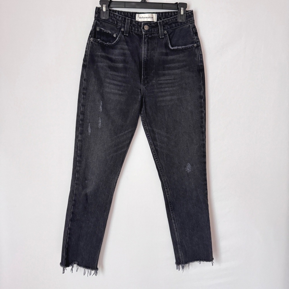 Reformation Julia High Cigarette Jean Women 26 Black Raw Hem Distress